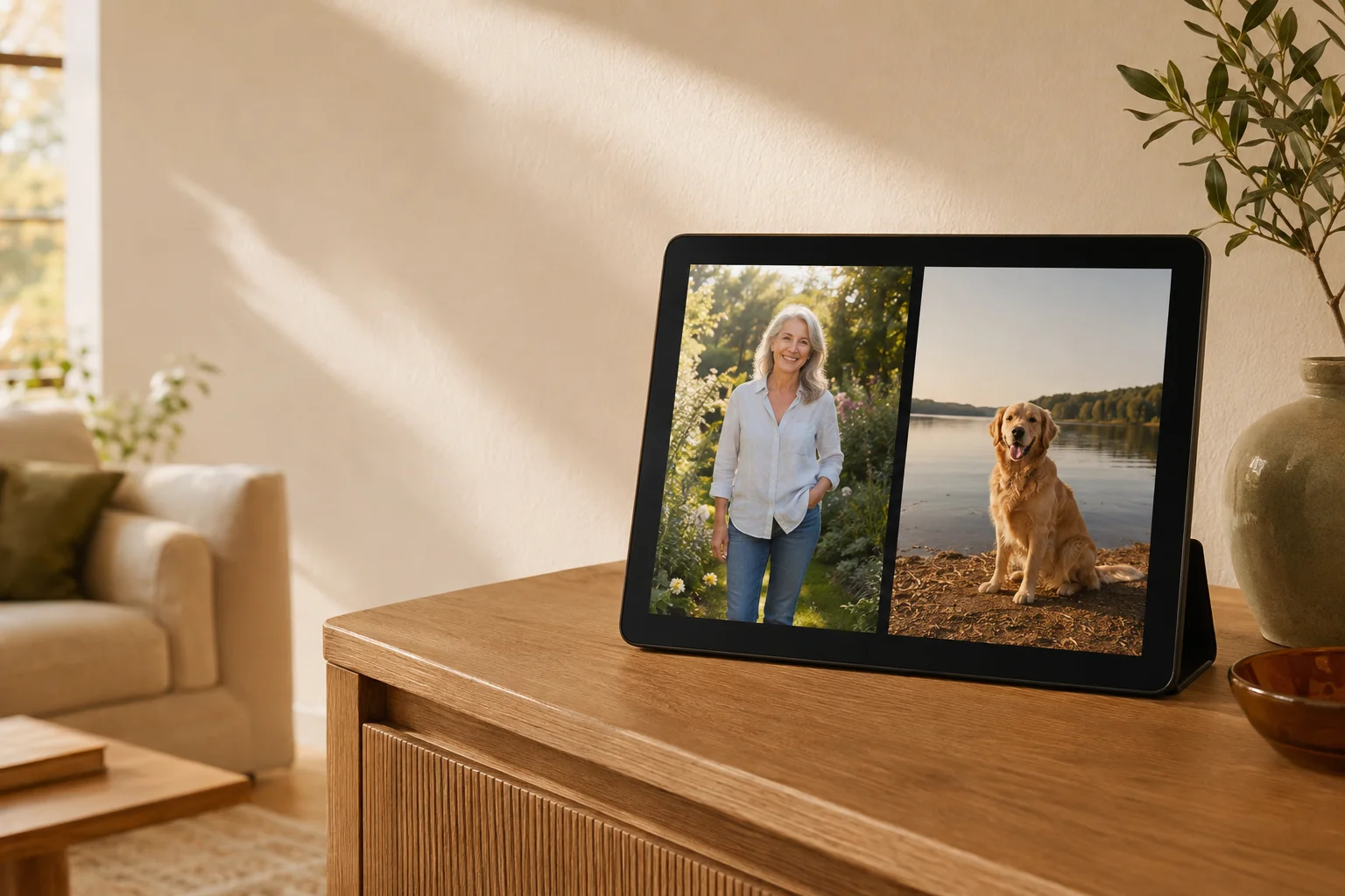 An illustrative scene of a tablet on a sunlit wooden sideboard, displaying a woman in a garden and a dog beside a lake.